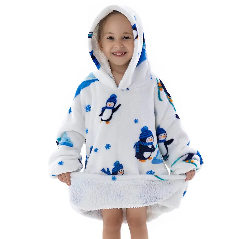 hoodie blanket for kids and children with penguin print
