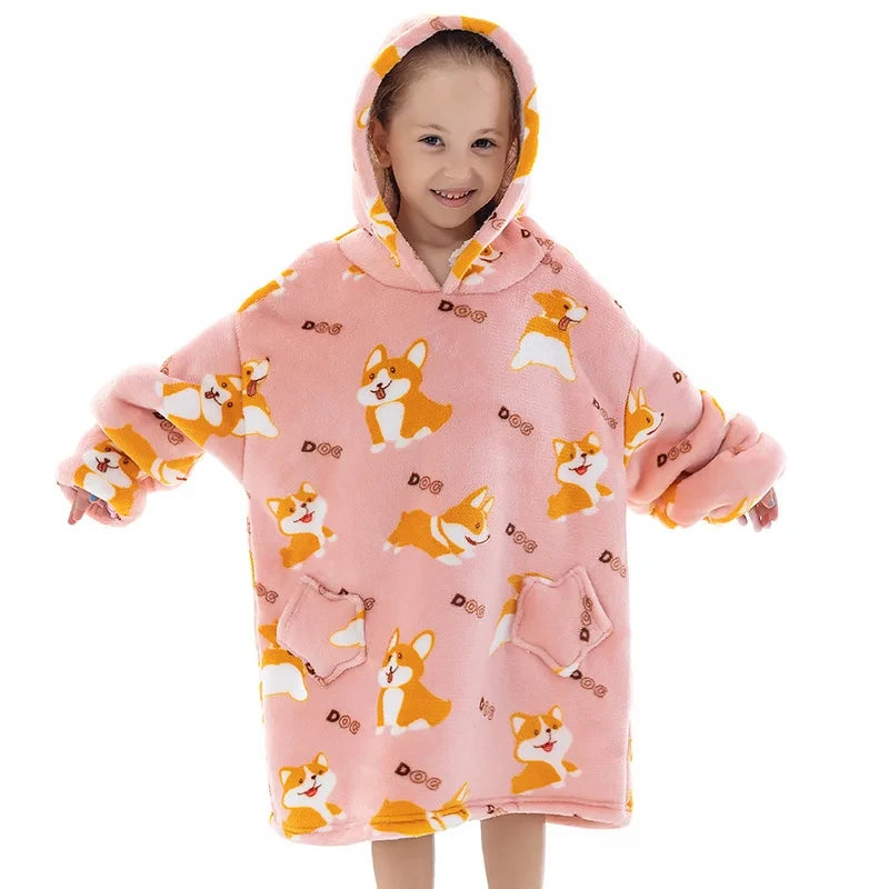 hoodie blanket for kids and children with pink corgi dogs pattern
